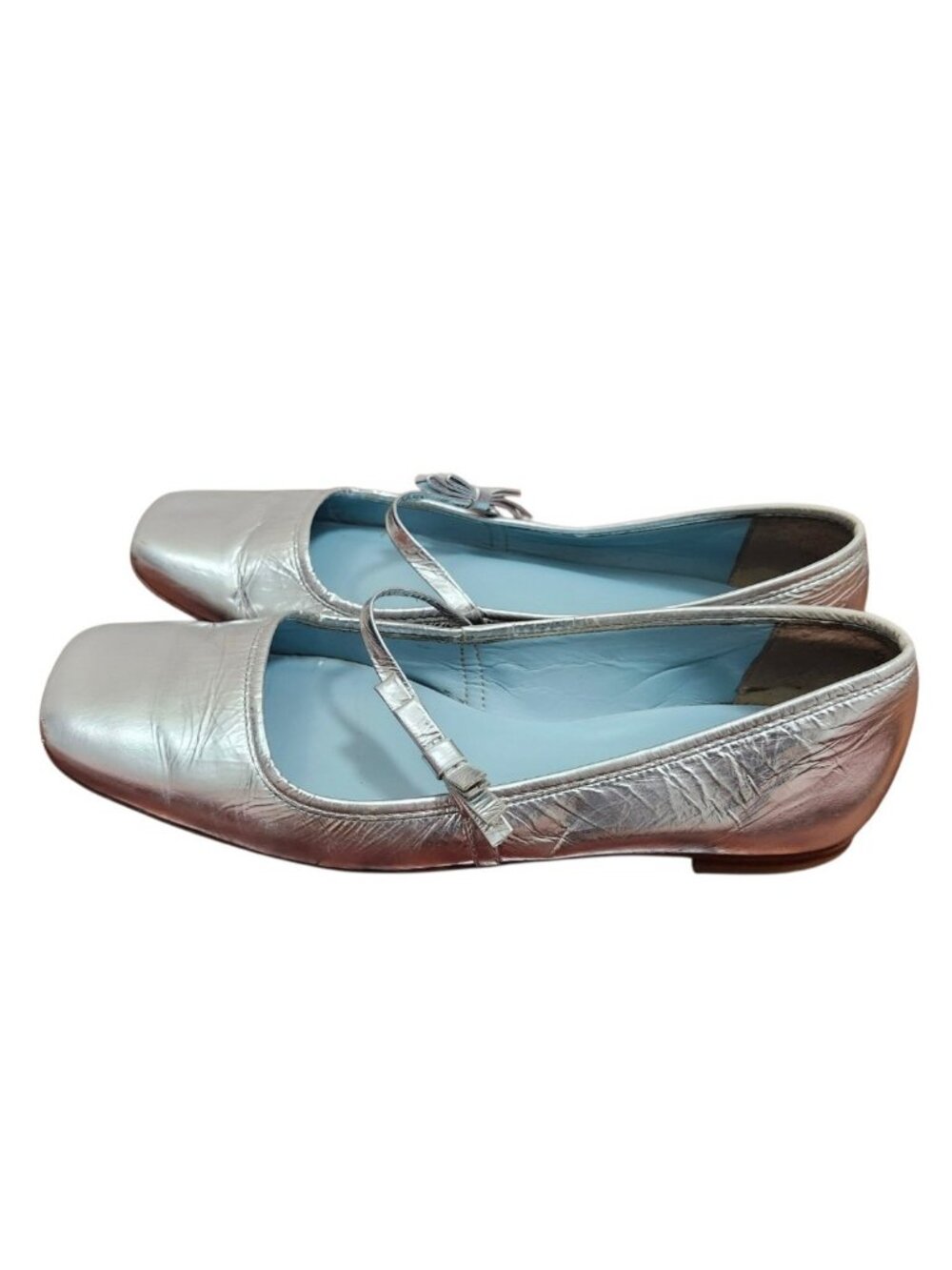 Frances Valentine Silver Metallic Leather Mary Jane Ballet Flats Bow Shoes Sz 9B - Picture 6 of 14